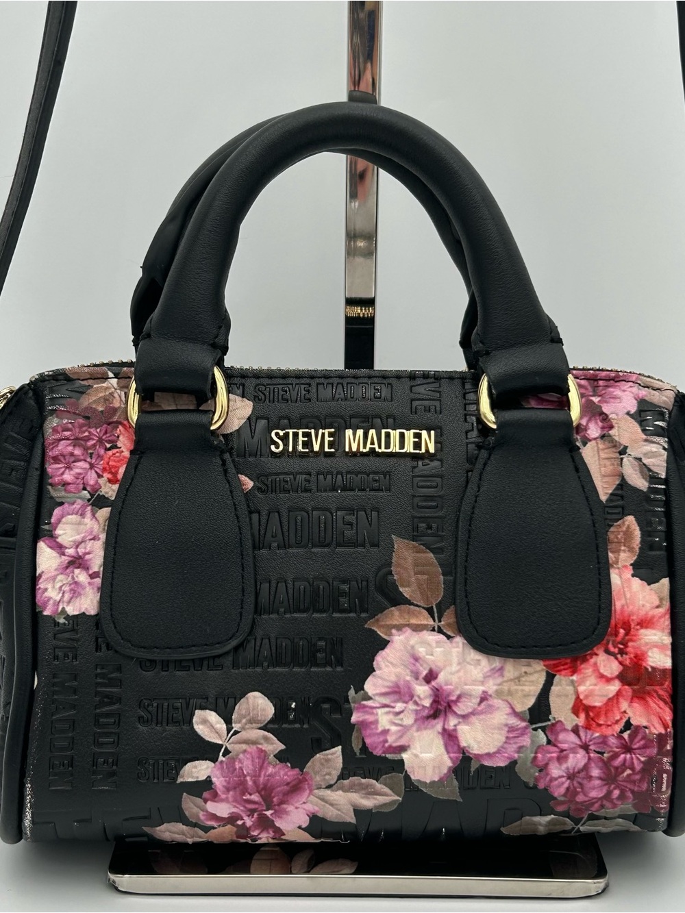 Steve Madden Black Floral Dome Satchel with Pink and Purple Blooms - Picture 2 of 16